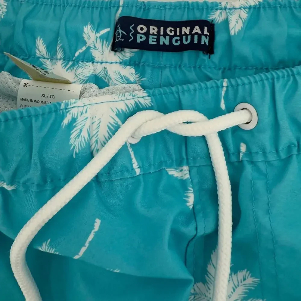 NWT Original Penguin Lined Swim Trunk Short Blue Atoll Palm Tree Size X-LARGE